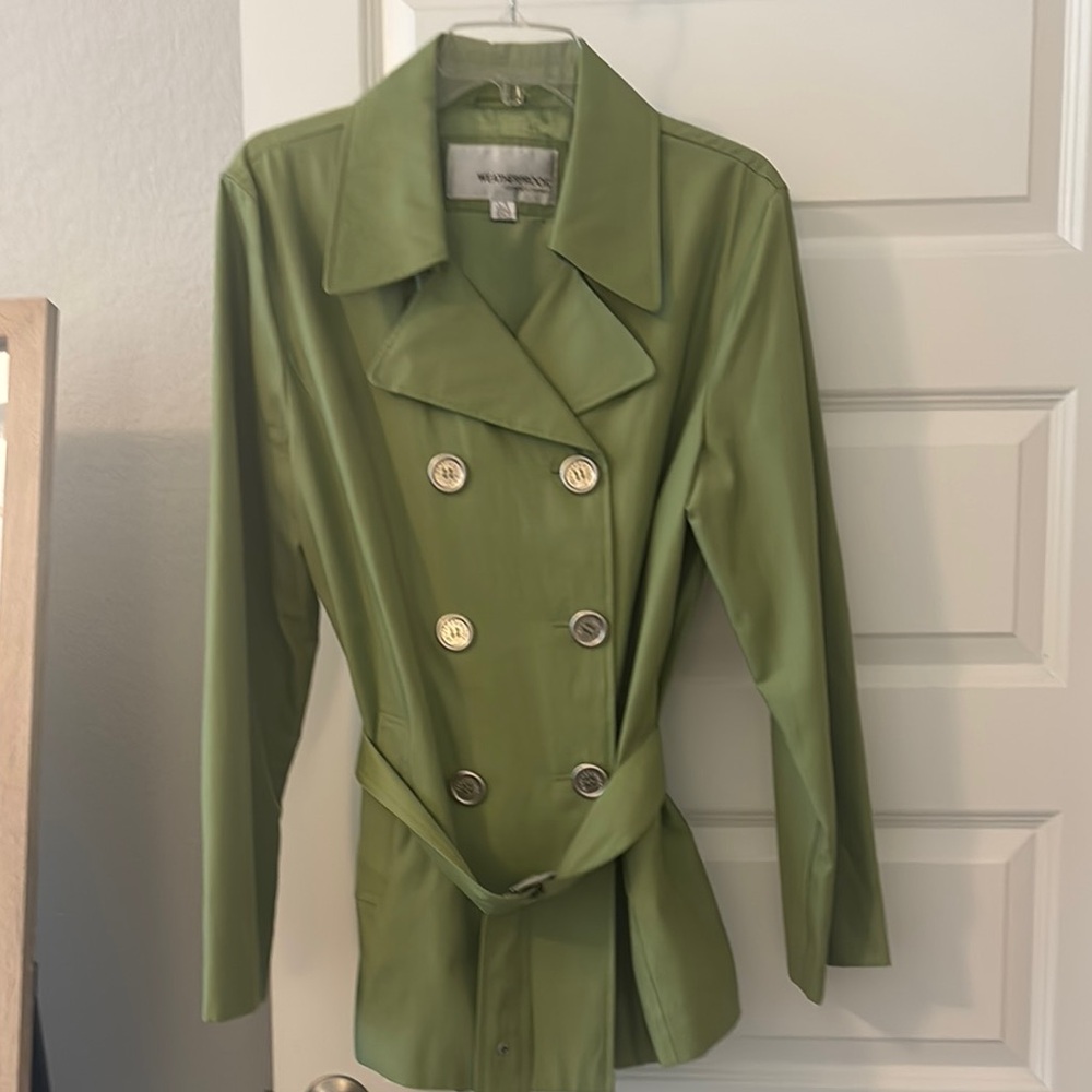 VTG Weatherproof chartreuse Trench Coat Notched Lapel SZ L double breasted belt